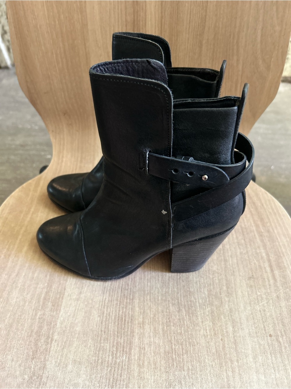 rag & bone Black Leather Ankle Heeled Boots with Strap